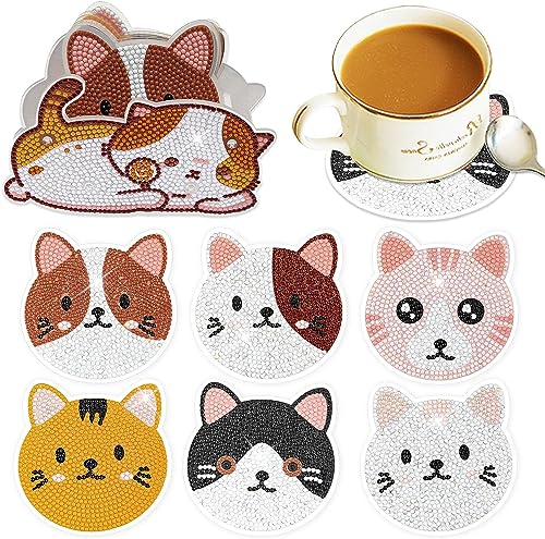 Diy 6pcs/set Cat  Diamond Painting Coasters with Holder