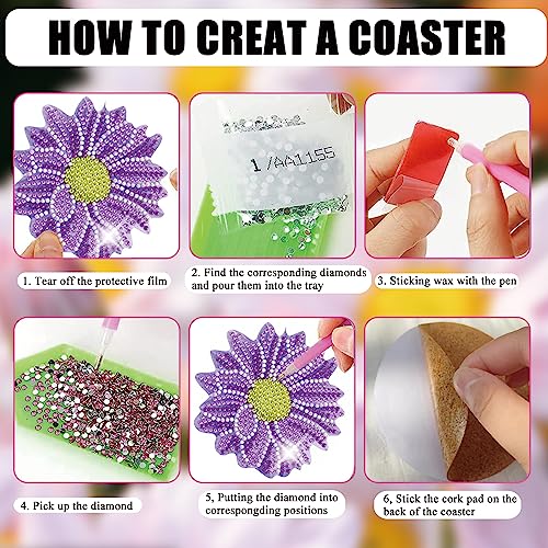 Diy 6pcs/set Flower  Diamond Painting Coasters with Holder