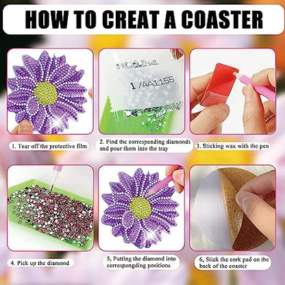 Diy 6pcs/set Flower  Diamond Painting Coasters with Holder