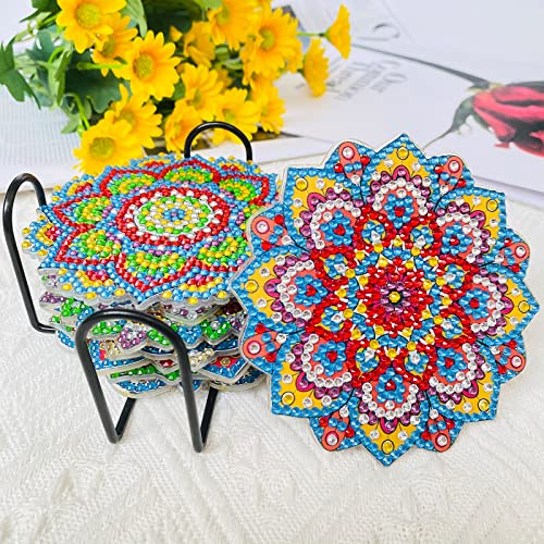 Diy 8pcs/set Mandala  Diamond Painting Coasters with Holder