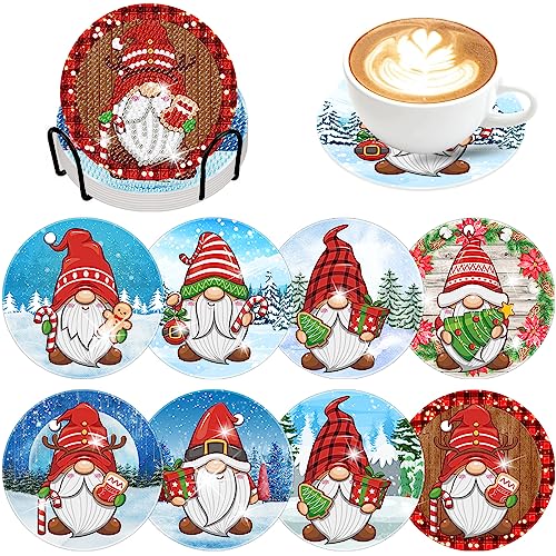 Diy 8pcs/set Gnome Christmas  Diamond Painting Coasters with Holder