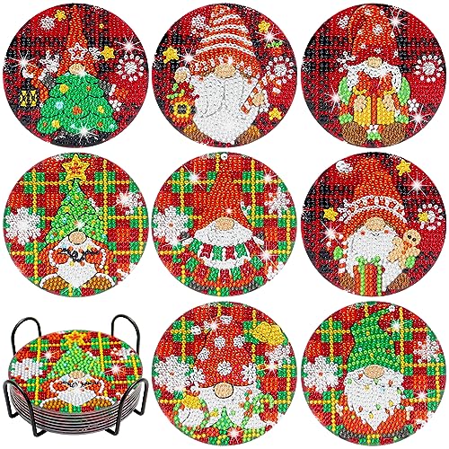 Diy 8pcs/set Gnome Christmas  Diamond Painting Coasters with Holder