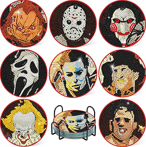 Diy 8pcs/set Halloween  Diamond Painting Coasters with Holder