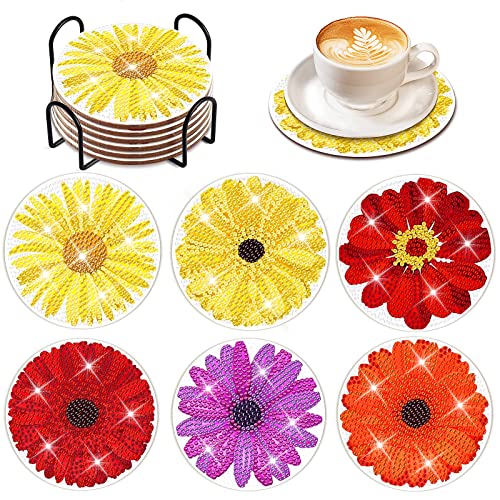 Diy 6pcs/set Flower  Diamond Painting Coasters with Holder