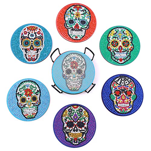 Diy 6pcs/set Skull Flower  Diamond Painting Coasters with Holder