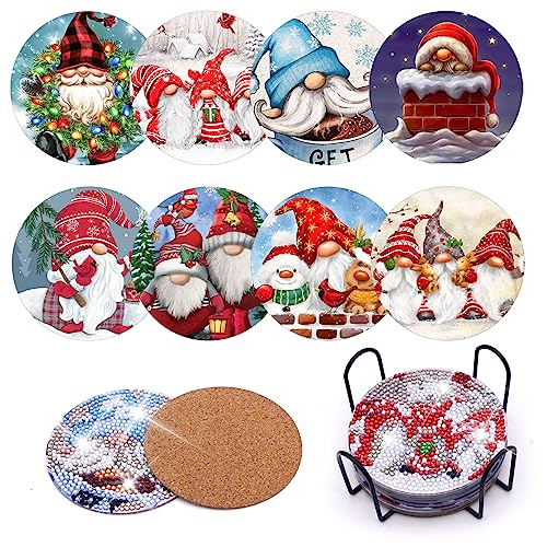 Diy 8pcs/set Gnome Christmas  Diamond Painting Coasters with Holder