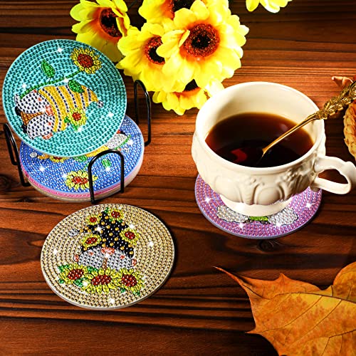 6pcs/set Gnome Flower  Diamond Painting Coasters with Holder