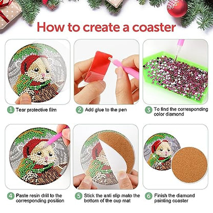 Diy 8pcs/set Christmas  Diamond Painting Coasters with Holder