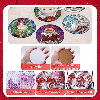Diy 8pcs/set Gnome Christmas  Diamond Painting Coasters with Holder