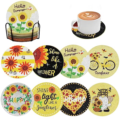 Diy 8pcs/set Flower  Diamond Painting Coasters with Holder