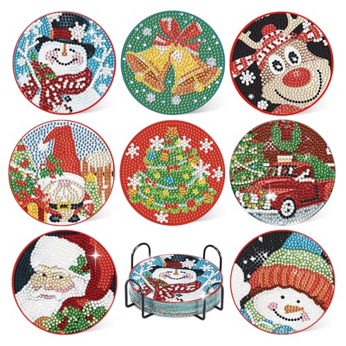 Diy 8pcs/set Christmas  Diamond Painting Coasters with Holder