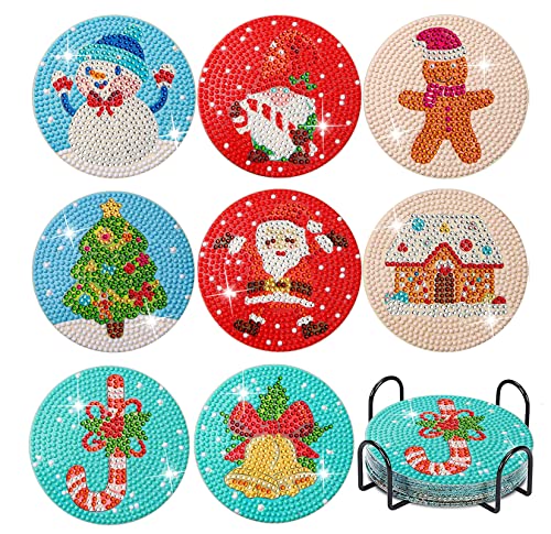 Diy 8pcs/set Christmas  Diamond Painting Coasters with Holder