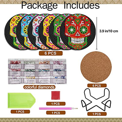 Diy 6pcs/set Skull Flower  Diamond Painting Coasters with Holder