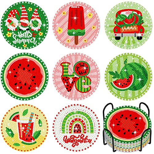 Diy 8pcs/set Watermelon Gnome  Diamond Painting Coasters with Holder