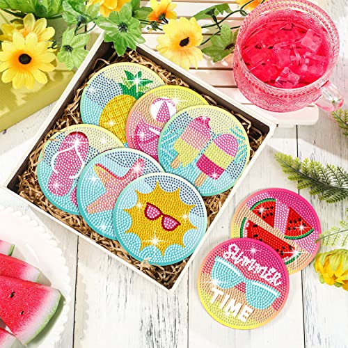 Diy 8pcs/set Summer  Diamond Painting Coasters with Holder