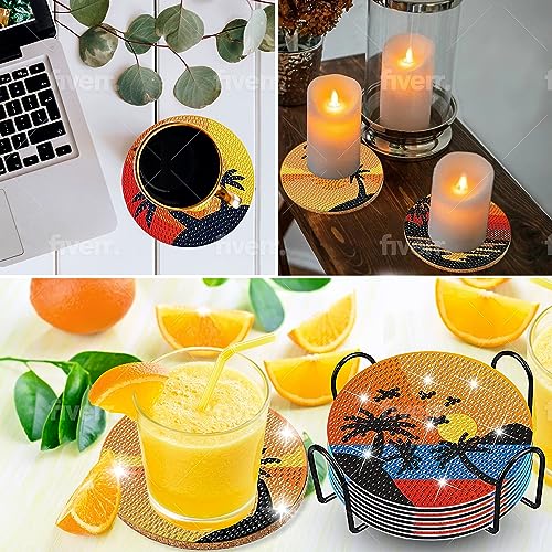 Diy 8pcs/set Sunset  Diamond Painting Coasters with Holder