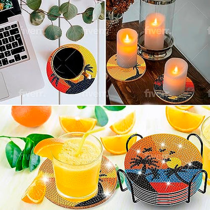 Diy 8pcs/set Sunset  Diamond Painting Coasters with Holder