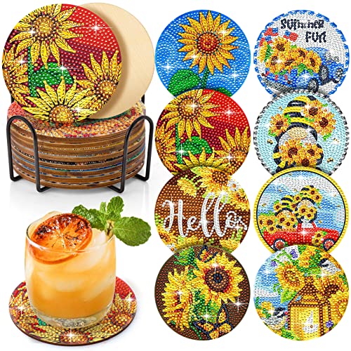 Diy 8pcs/set Flower  Diamond Painting Coasters with Holder