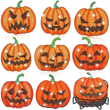 Diy 8pcs/set Pumpkin Halloween  Diamond Painting Coasters with Holder