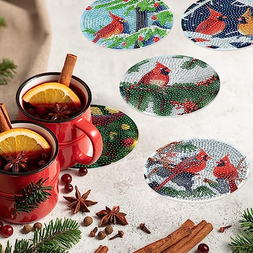 Diy 8pcs/set Bird Christmas  Diamond Painting Coasters with Holder