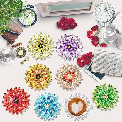 Diy 8pcs/set Flower  Diamond Painting Coasters with Holder