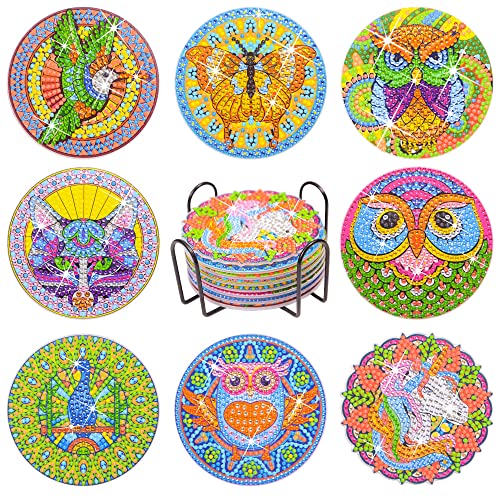 Diy 8pcs/set Bird Owl Butterfly Animal  Diamond Painting Coasters with Holder