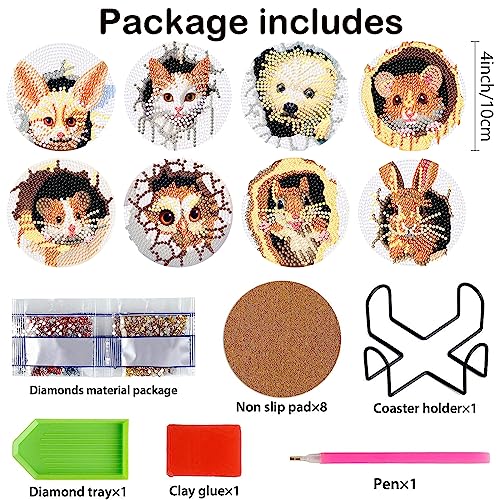 Diy 8pcs/set Animal  Diamond Painting Coasters with Holder