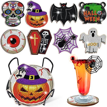 Diy 8pcs/set Skull Halloween  Diamond Painting Coasters with Holder