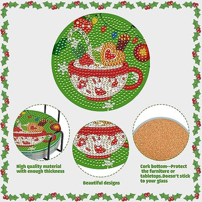 Diy 8pcs/set Christmas  Diamond Painting Coasters with Holder