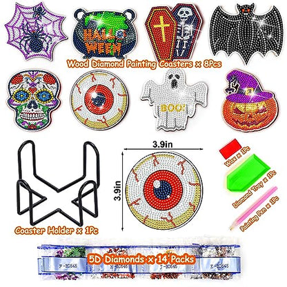 Diy 8pcs/set Halloween  Diamond Painting Coasters with Holder