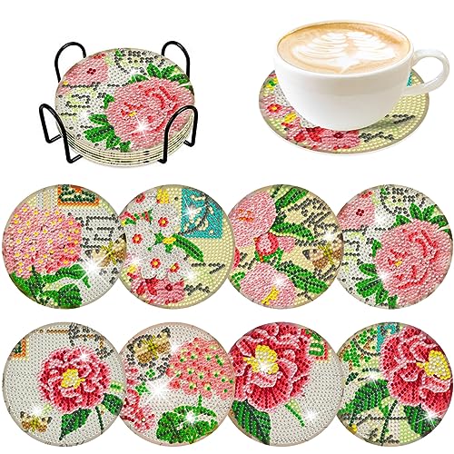 Diy 8pcs/set Flower  Diamond Painting Coasters with Holder