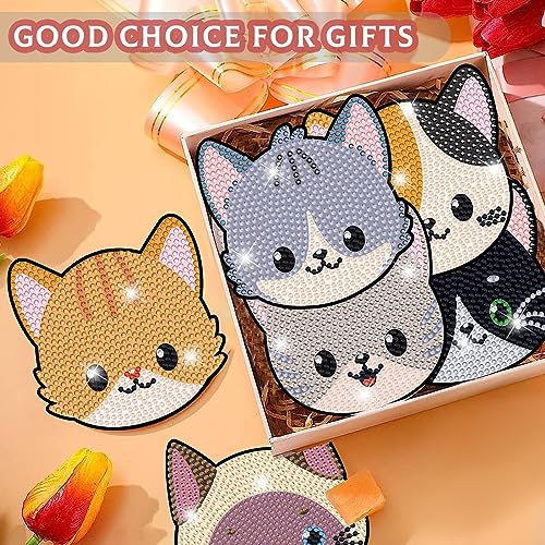 Diy 8pcs/set Cat  Diamond Painting Coasters with Holder