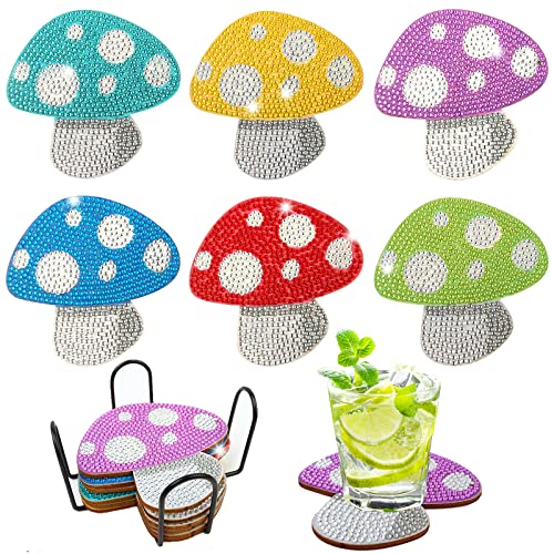 Diy 6pcs/set Mushroom Cartoon  Diamond Painting Coasters with Holder