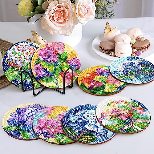 Diy 8pcs/set Flower  Diamond Painting Coasters with Holder