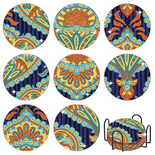 Diy 8pcs/set Mandala Flower  Diamond Painting Coasters with Holder