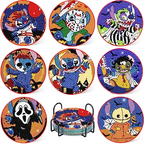 Diy 8pcs/set Halloween  Diamond Painting Coasters with Holder