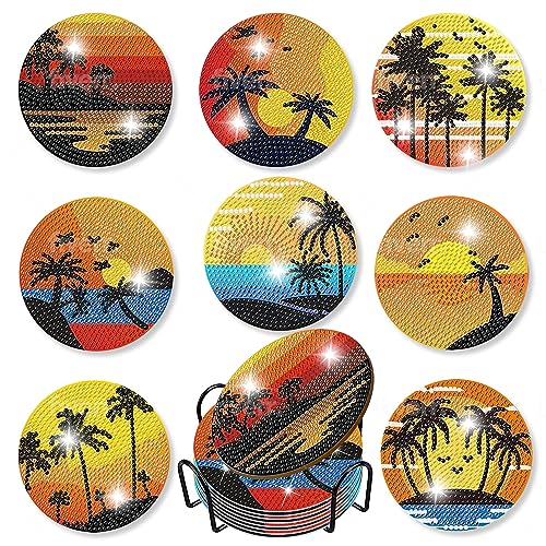 Diy 8pcs/set Sunset  Diamond Painting Coasters with Holder