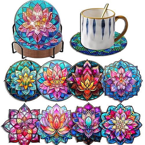 Diy 8pcs/set Lotus  Diamond Painting Coasters with Holder