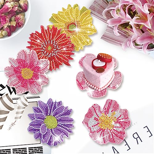 Diy 6pcs/set Flower  Diamond Painting Coasters with Holder