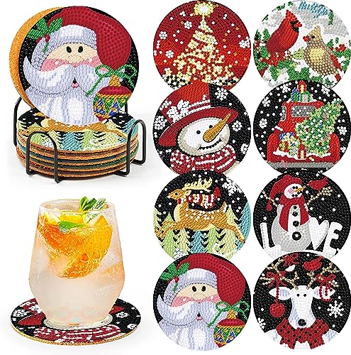 Diy 8pcs/set Christmas  Diamond Painting Coasters with Holder