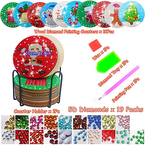 Diy 10pcs/set Christmas  Diamond Painting Coasters with Holder