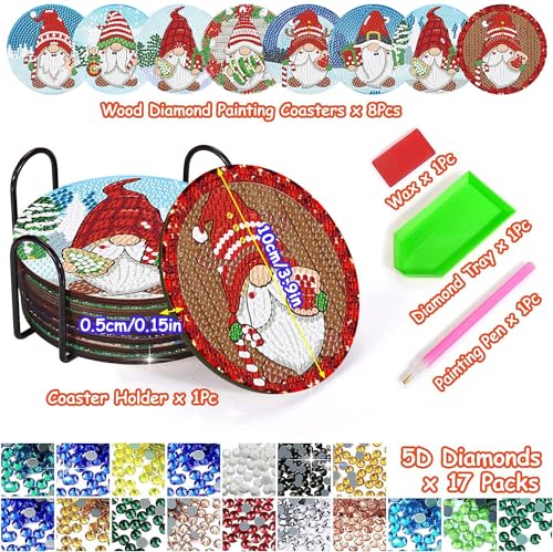 Diy 8pcs/set Gnome Christmas  Diamond Painting Coasters with Holder