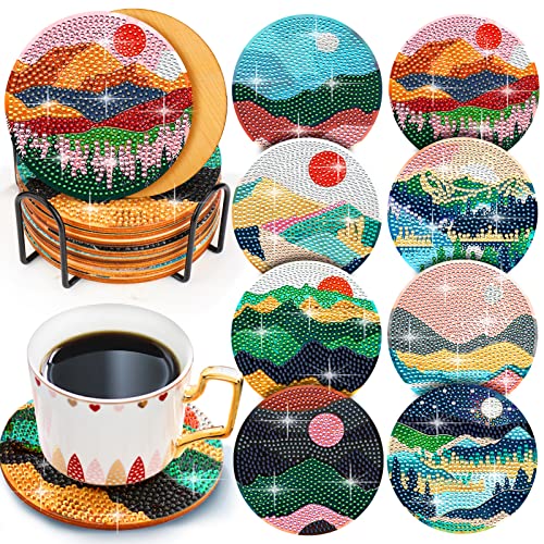 Diy 8pcs/set Landscape  Diamond Painting Coasters with Holder