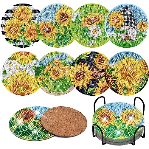 Diy 8pcs/set Flower  Diamond Painting Coasters with Holder