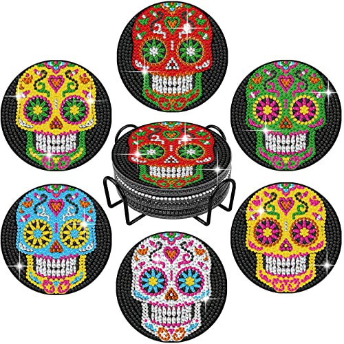 Diy 6pcs/set Skull Flower  Diamond Painting Coasters with Holder