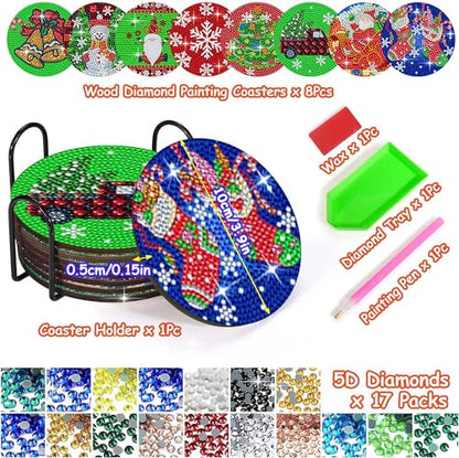 Diy 8pcs/set Christmas  Diamond Painting Coasters with Holder