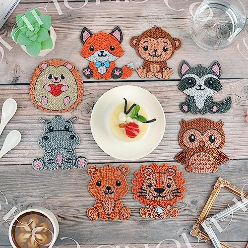 Diy 8pcs/set Animal  Diamond Painting Coasters with Holder