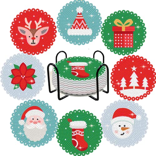 Diy 8pcs/set Christmas  Diamond Painting Coasters with Holder