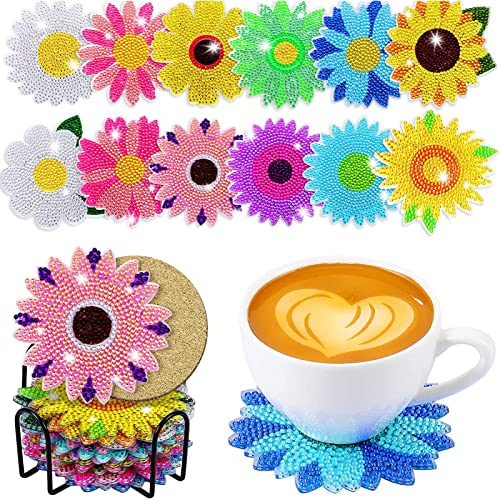 Diy 12pcs/set Flower  Diamond Painting Coasters with Holder