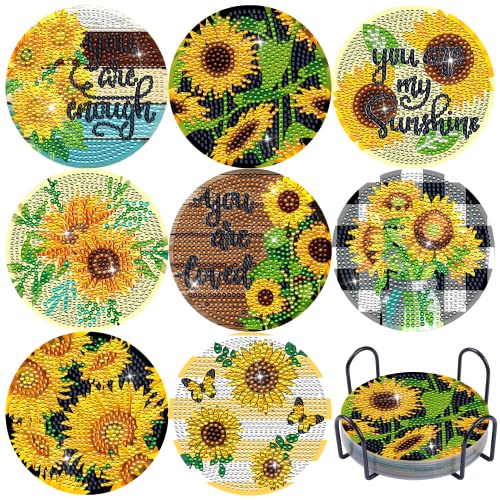 Diy 8pcs/set Flower  Diamond Painting Coasters with Holder